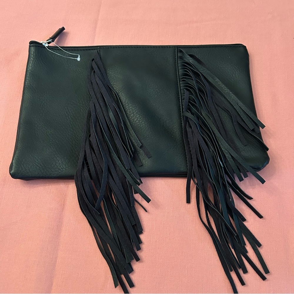 ION Color Brilliance Black Fringe Leather Clutch